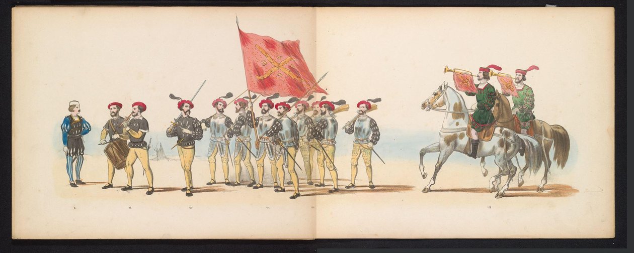 Mascarada dos estudantes de Leiden, 1855 (placa 12)
Desfile com trajes realizados pelos membros do corpo estudantil de Leiden em 12 de Junho de 1855, em celebração do 280º aniversário da Universidade de Leiden, retratando a entrada de Carlos V na Holanda. de Gerardus Johannes Bos