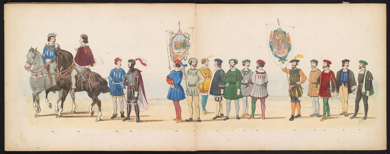Mascarada dos estudantes de Leiden, 1855 (placa 13)
Desfile com trajes realizados pelos membros do corpo estudantil de Leiden em 12 de Junho de 1855, em celebração do 280º aniversário da Universidade de Leiden, retratando a entrada de Carlos V na Holanda. de Gerardus Johannes Bos