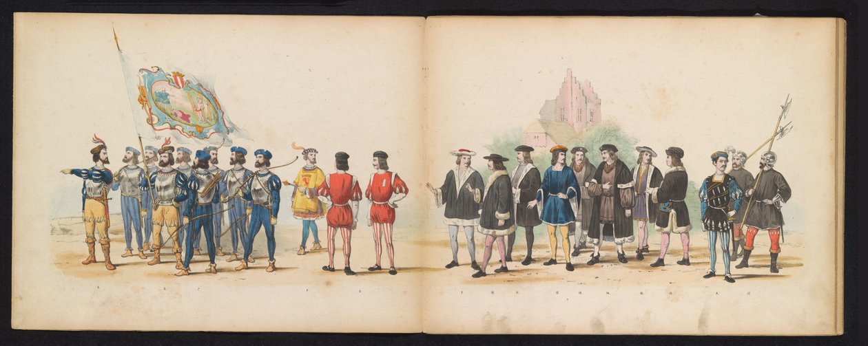 Máscara dos estudantes de Leiden, 1855 (placa 2) Procissão fantasiada realizada pelos membros do corpo estudantil de Leiden em 12 de junho de 1855, em comemoração aos 280 anos da Leidsche Hoogeschool, representando a entrada de Carlos V na de Gerardus Johannes Bos