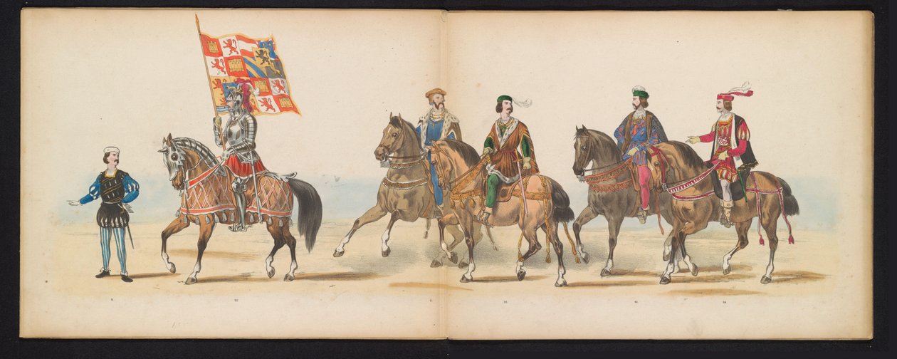 Mascarada dos estudantes de Leiden, 1855 (placa 7)
Desfile com trajes realizados pelos membros do corpo estudantil de Leiden em 12 de Junho de 1855, em celebração do 280º aniversário da Universidade de Leiden, retratando a entrada de Carlos V na universid de Gerardus Johannes Bos