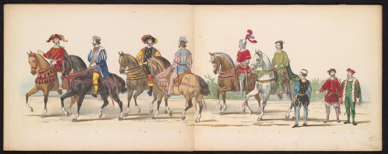 Mascarada dos estudantes de Leiden, 1855 (placa 9)
Desfile com trajes realizados pelos membros do corpo estudantil de Leiden em 12 de Junho de 1855, em celebração do 280º aniversário da Universidade de Leiden, retratando a entrada de Carlos V na universid de Gerardus Johannes Bos