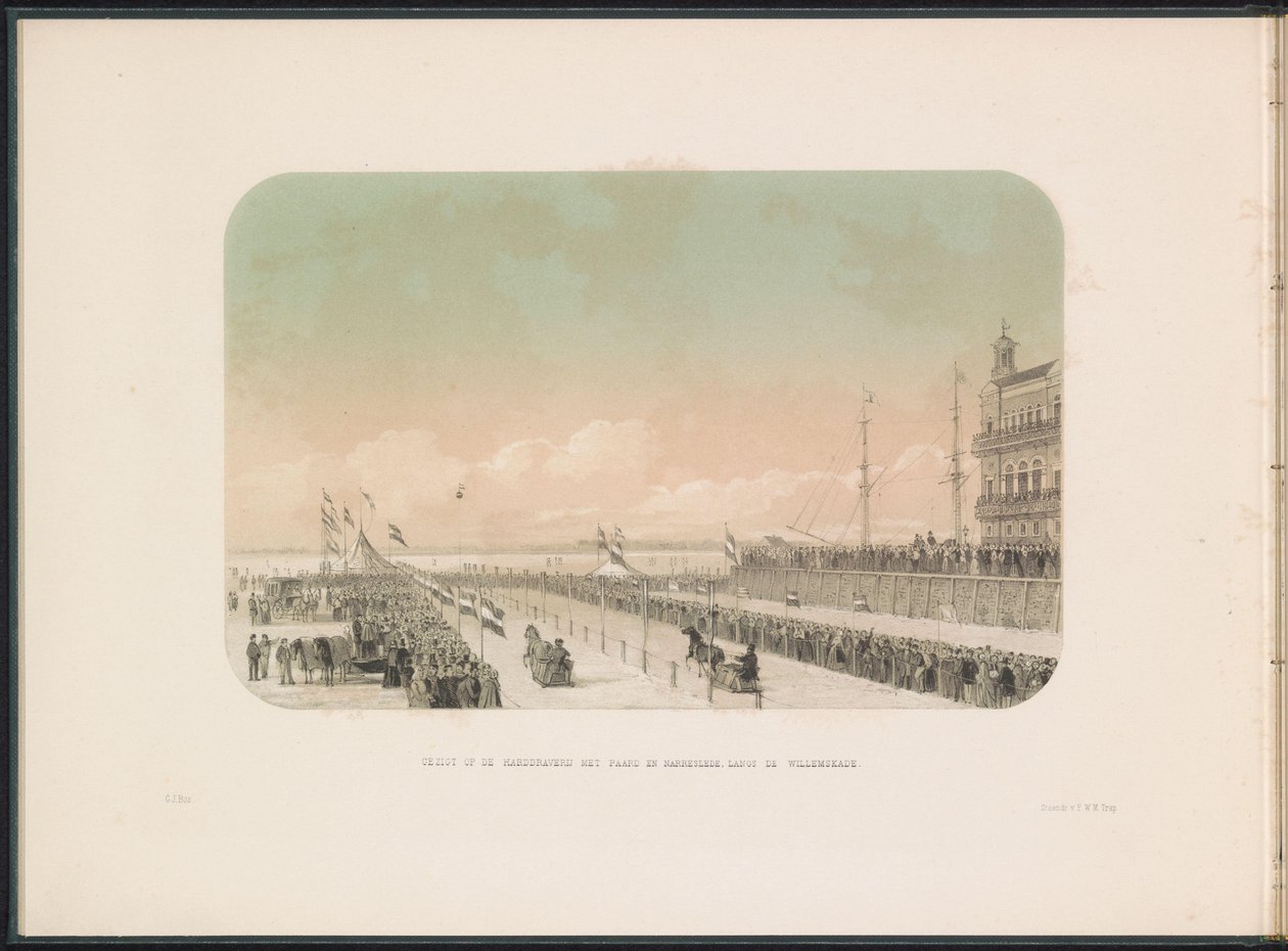 Corrida de carruagens puxadas por cavalos no Maas em Rotterdam, 1855 Vista da corrida de arreios com trenó de cavalo e bobo da corte, ao longo do Willemskade (título no objeto) O entretenimento de gelo no Maas em Rotterdam em fevereiro de 1855, com legenda de Gerardus Johannes Bos