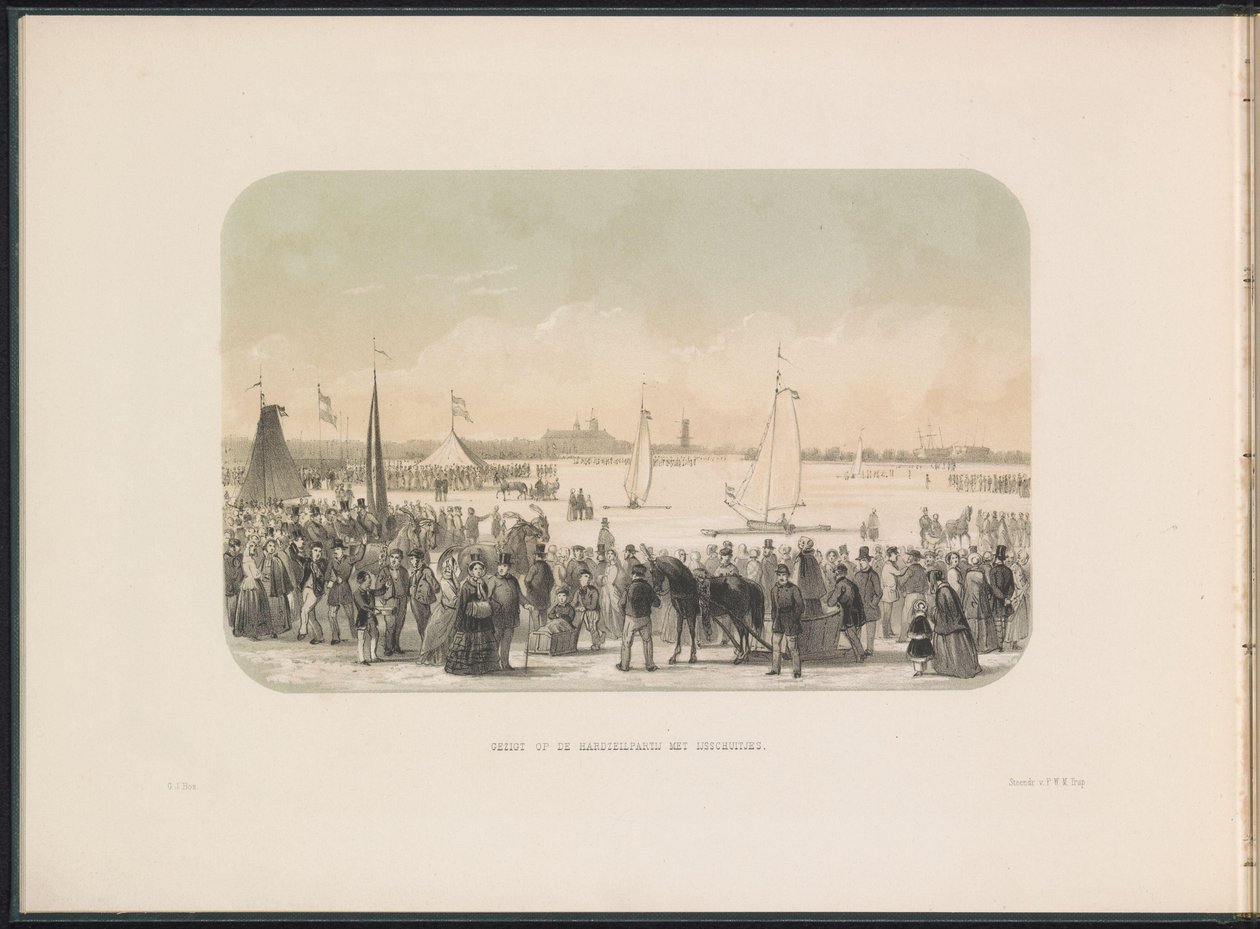 Concurso para iates à vela no gelo no Maas em Rotterdam, 1855 Vista da festa de hardsailing com barcos de gelo (título no objeto) O entretenimento de gelo no Maas em Rotterdam em fevereiro de 1855, com legendas (título da série no objeto) de Gerardus Johannes Bos