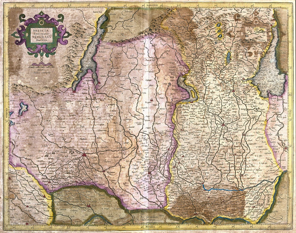 Brescia e Milão, Itália (gravura de Gerardus Mercator