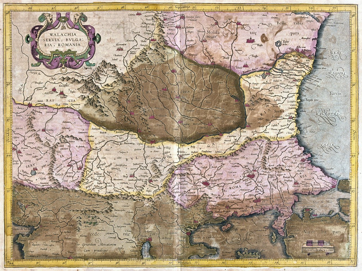 Bulgária e Roménia (gravura de Gerardus Mercator