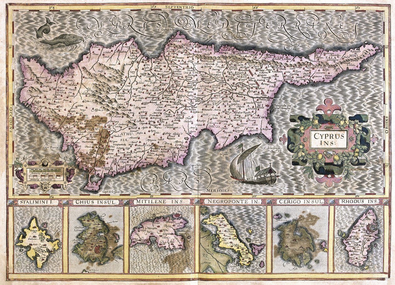 Chipre e as ilhas Stalimini (Lemnos) Chios, Mitilene, Negroponte, Cerigo e Rodus (gravura de Gerardus Mercator