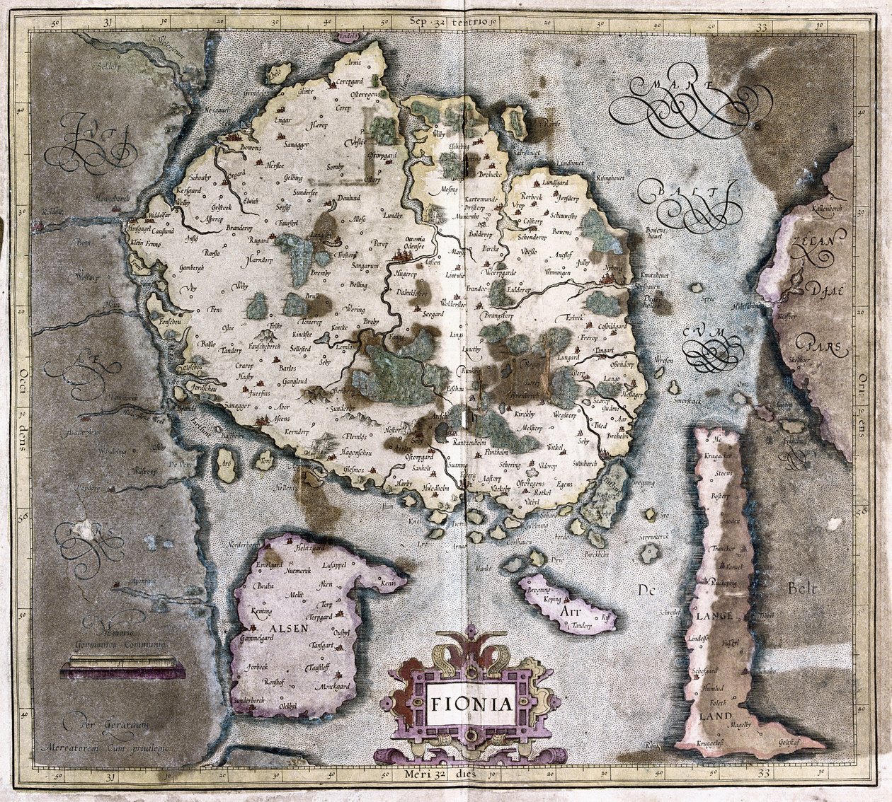 Dinamarca (a ilha Langeland com Odense) (gravura de Gerardus Mercator