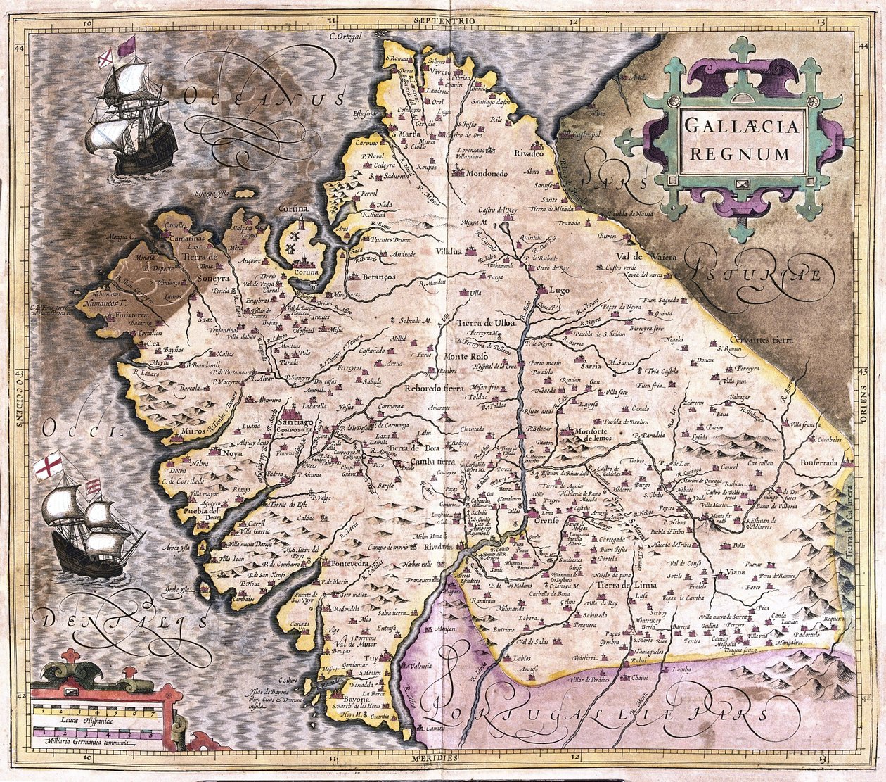 Galicia, Santiago de Compostela, Monforte de Lemos, northwestern Spain (engraving de Gerardus Mercator