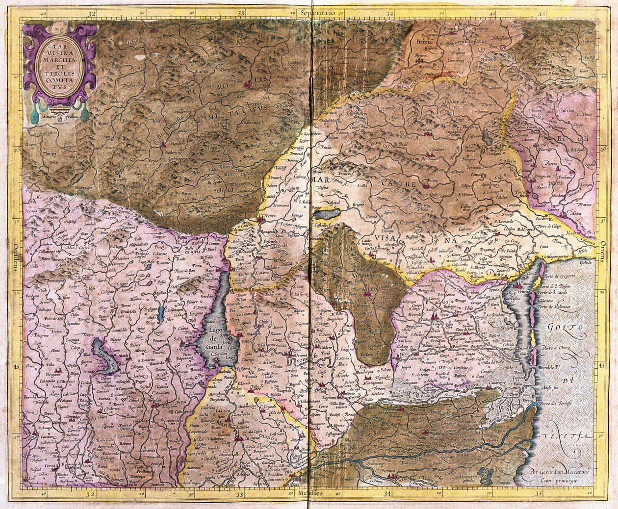 Golfo de Veneza a Tirol, centrado no Lago di Garda e Verona, Itália (gravura de Gerardus Mercator
