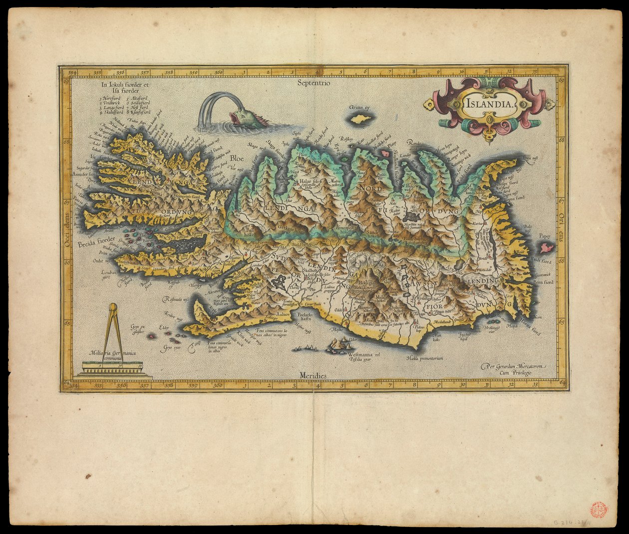 Islandia, Per Gerardum Mercatorem cum privilegio, c.1595 (tinta, aguarela, gravura, papel) de Gerardus Mercator