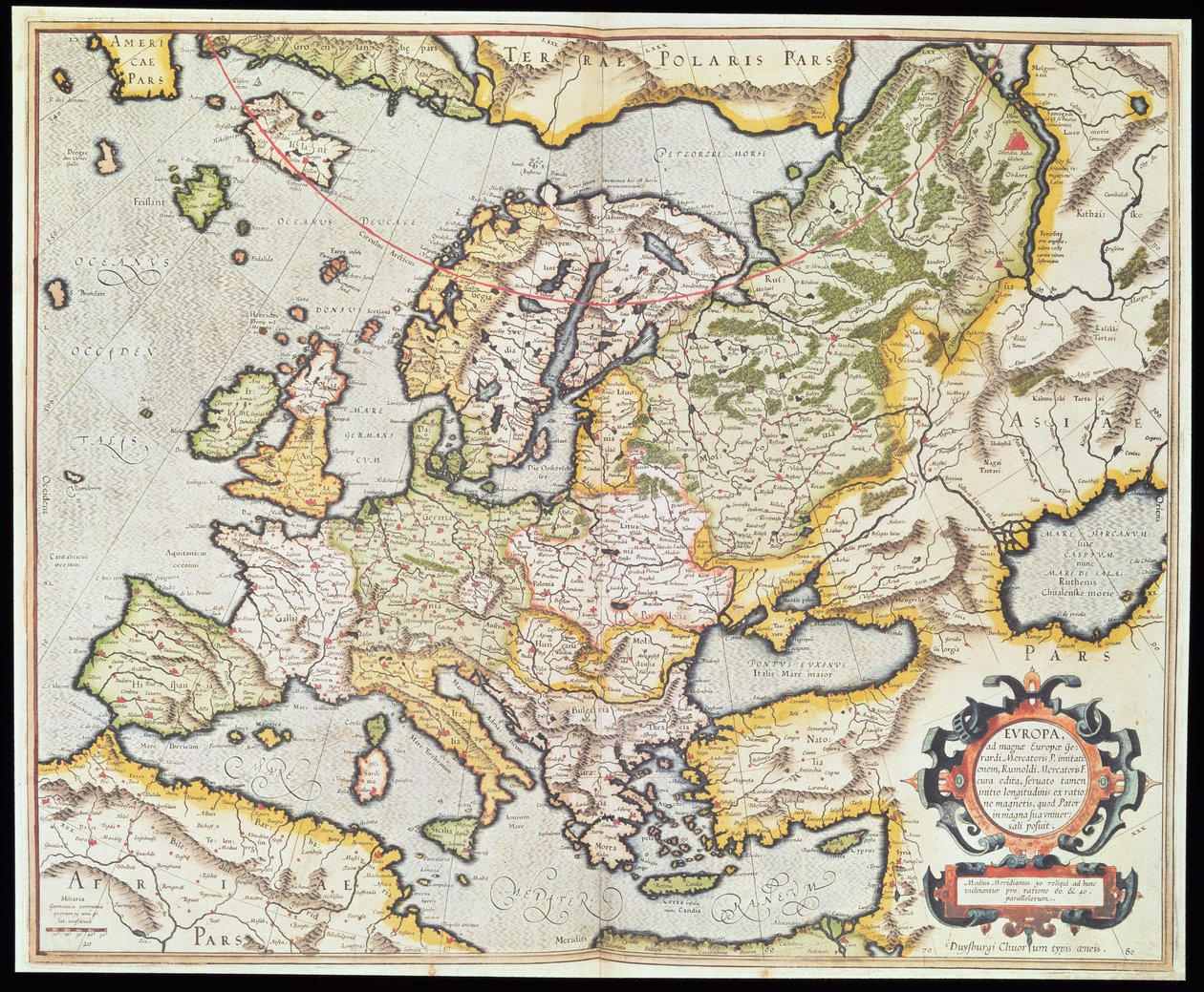 Mapa da Europa, c.1554 (gravura colorida à mão) de Gerardus Mercator