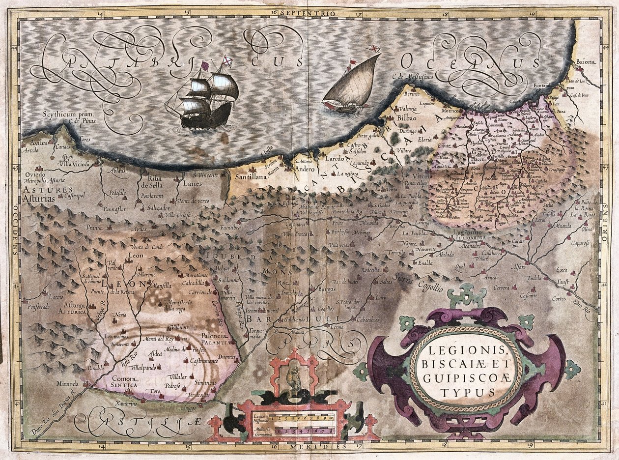 Oviedo, Burgos, Bilbao, Bayonne (Astúrias), Espanha (gravura de Gerardus Mercator