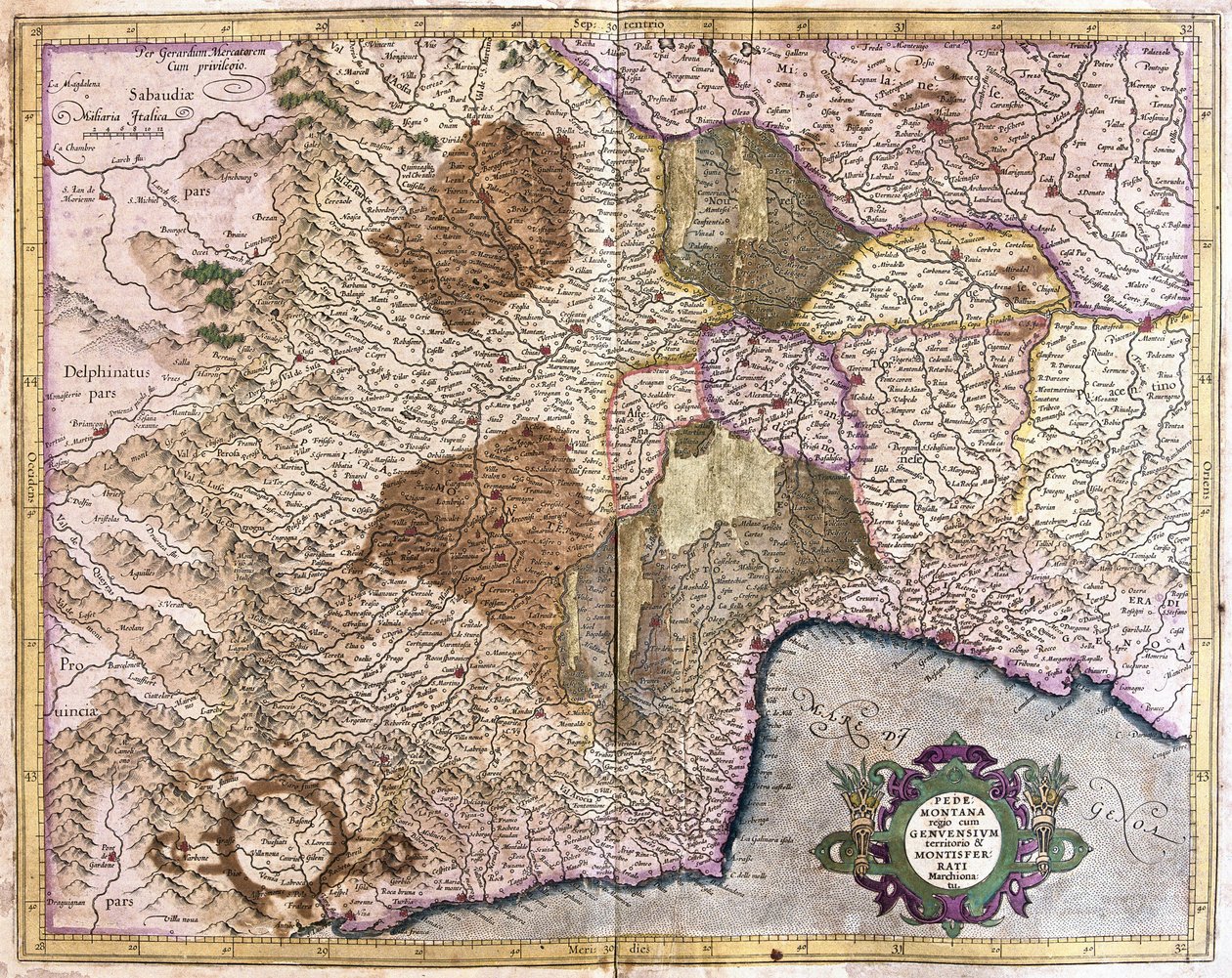 Piemond, Génova e Montserrat (gravura de Gerardus Mercator