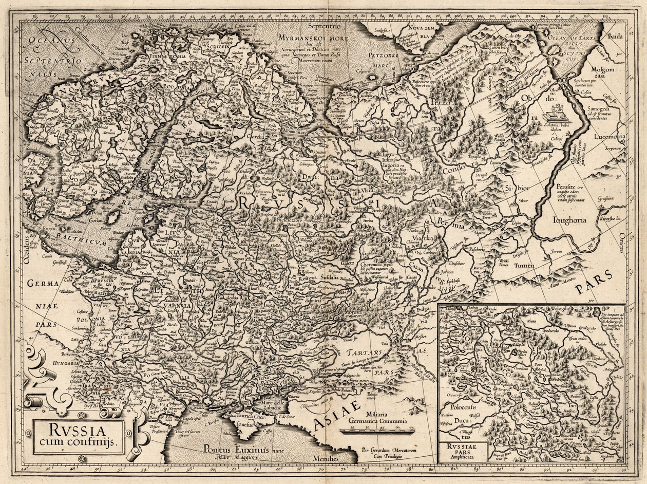 Rússia com confinijs. Mapa da Rússia, 1587. de Gerardus Mercator