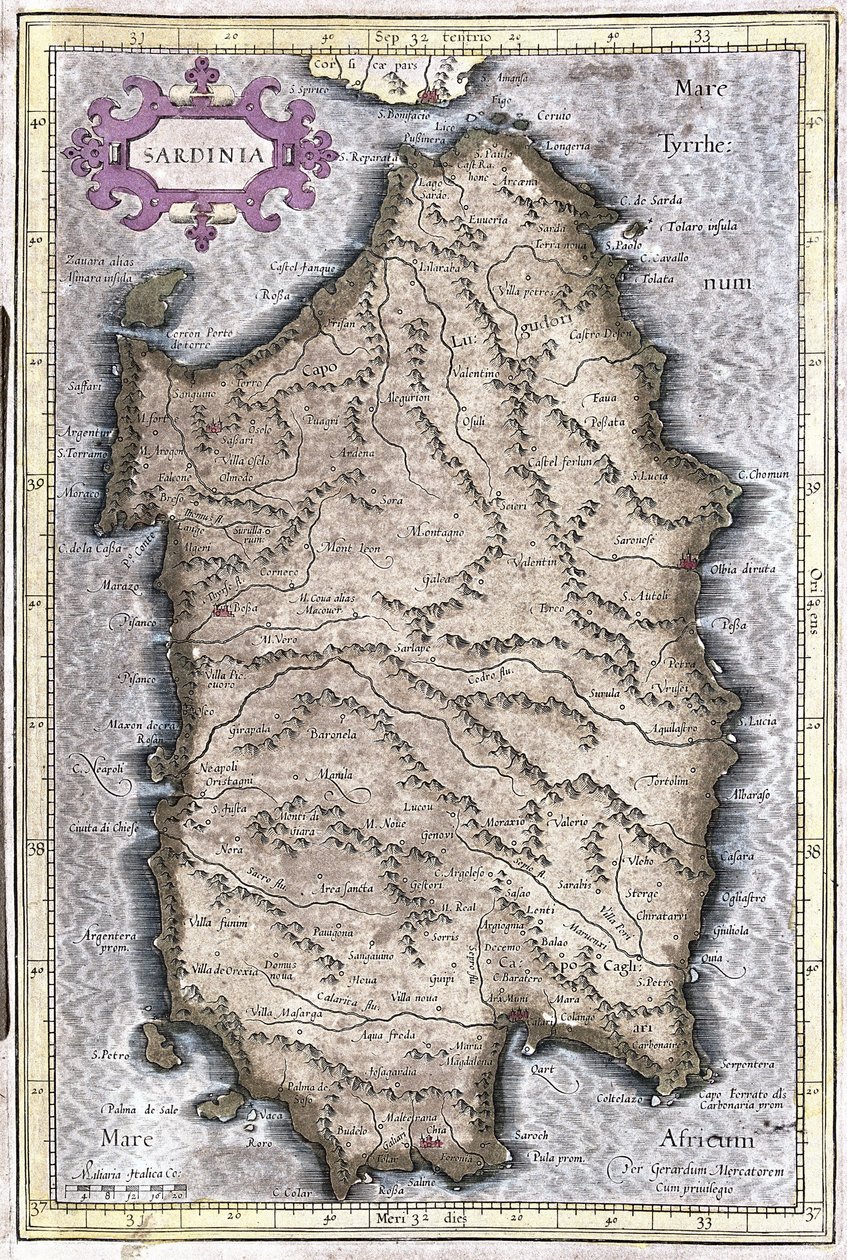 Sardenha, Itália (gravura de Gerardus Mercator