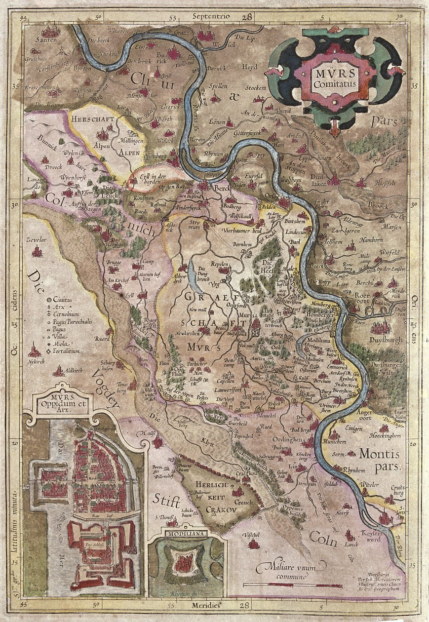 O curso do rio Reno em Vestefália, Alemanha (gravura de Gerardus Mercator