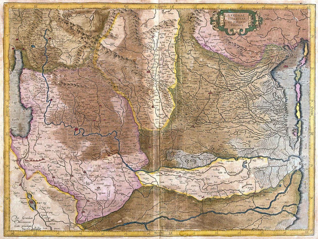 Verona, Vicenza e Pádua, Itália (gravura de Gerardus Mercator