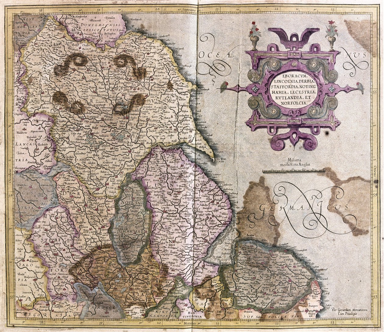 Yorkshire, Lincolnshire, Staffordshire, Nottinghamshire, Leicestershire, Rutland e Norfolf, Grã-Bretanha de Gerardus Mercator