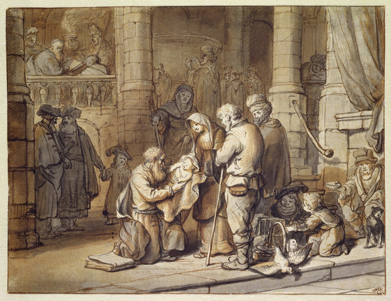 A Apresentação de Cristo no Templo (caneta e tinta e pincel no papel) de Gerbrand van den Eeckhout