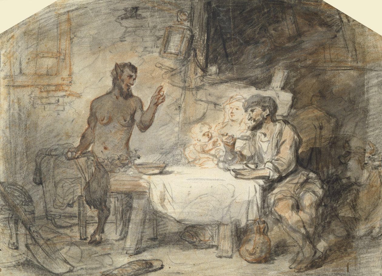 O Sátiro e o Camponês (caneta e pincel no papel) de Gerbrand van den Eeckhout