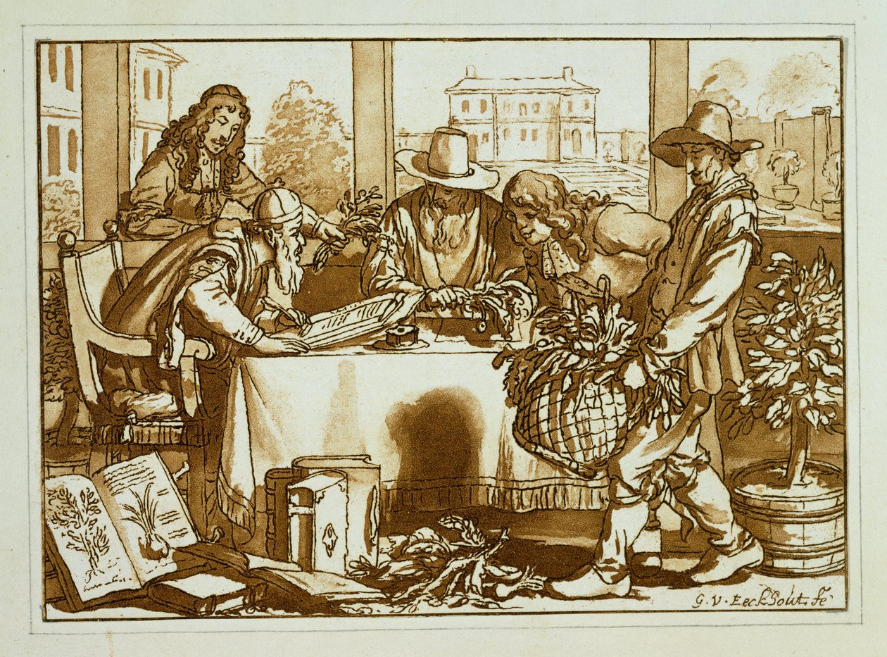 Botânicos, examinando, plantas de Gerbrand van den Eeckhout