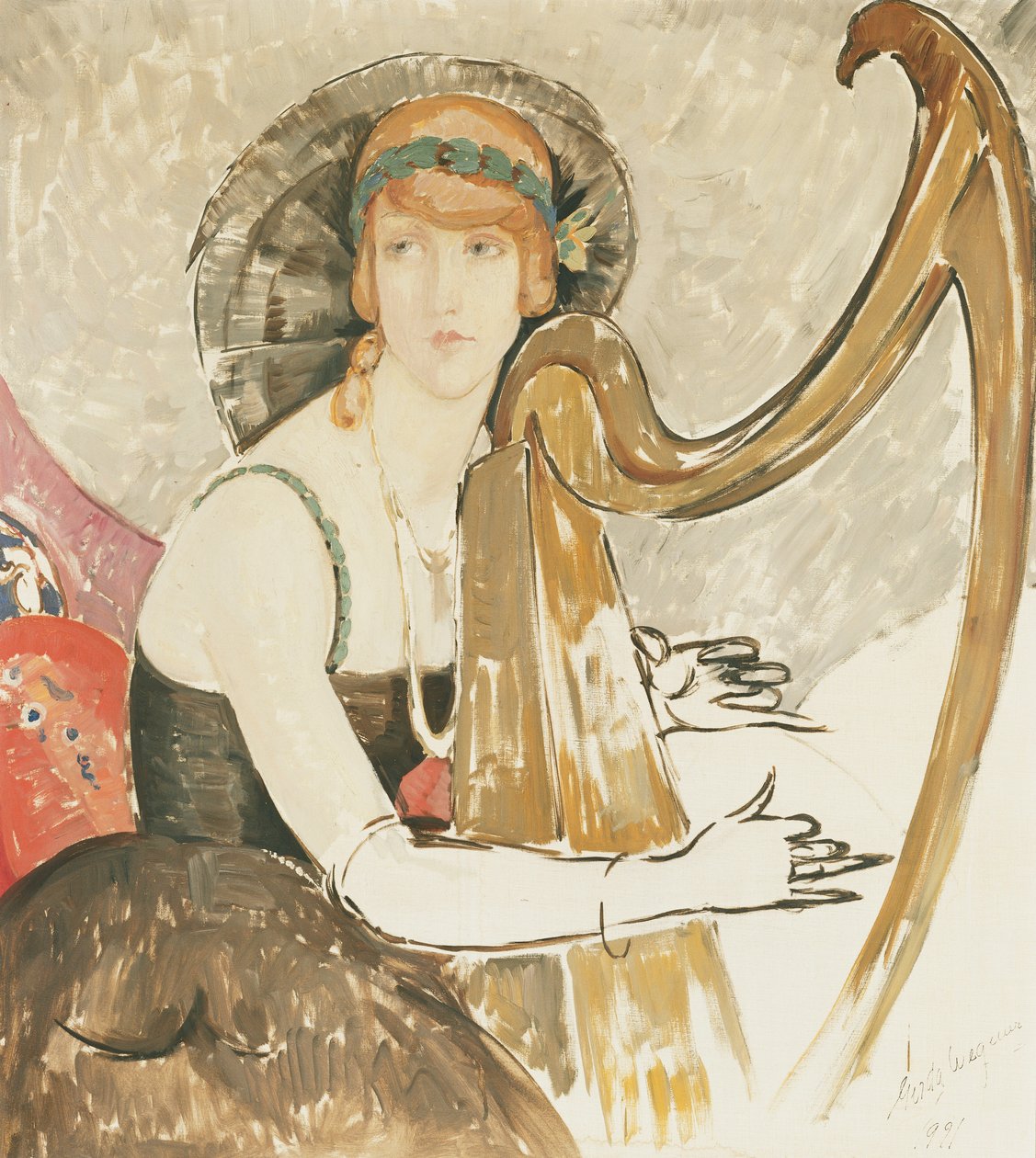 Uma senhora tocando harpa de Gerda Marie Frederike Wegener