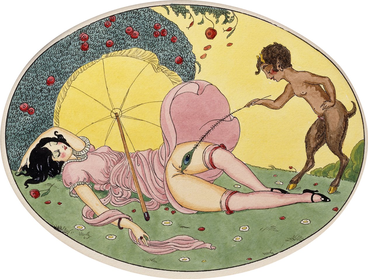 A Satyr and a Young Girl, c.1917 (tinta preta e aquarela em um cartão oval, emoldurado) de Gerda Marie Frederike Wegener