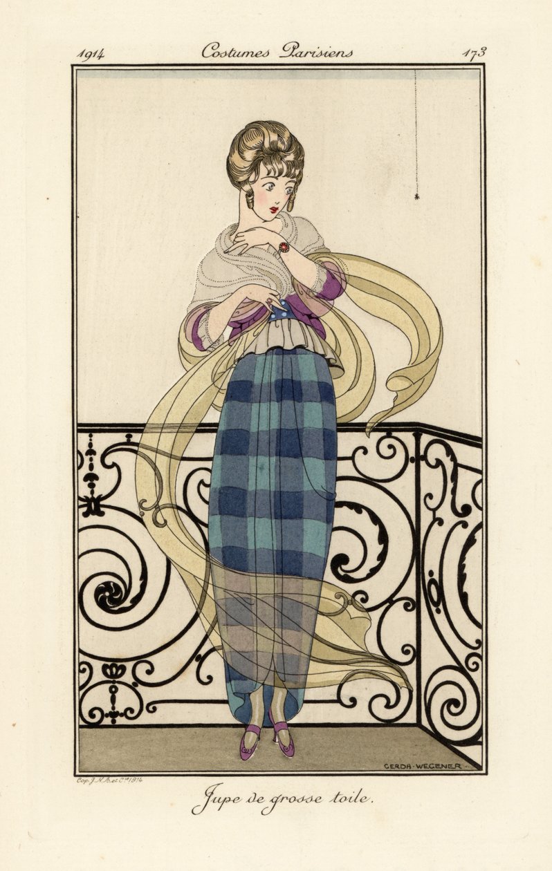 Mulher com uma saia de casa de banho grande, parecendo ter medo de uma aranha. de Gerda Marie Frederike Wegener