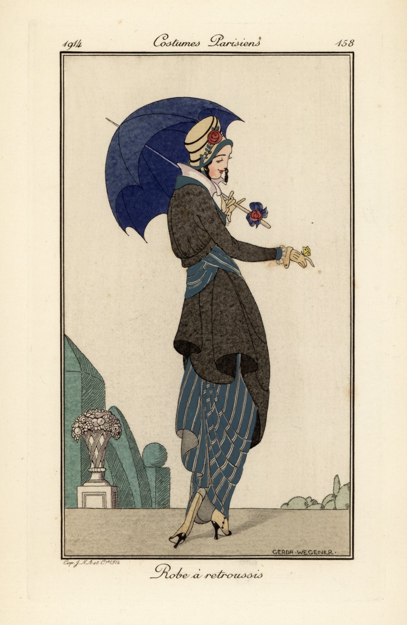 Mulher de vestido e casaco com chapéu e guarda-sol de Gerda Marie Frederike Wegener