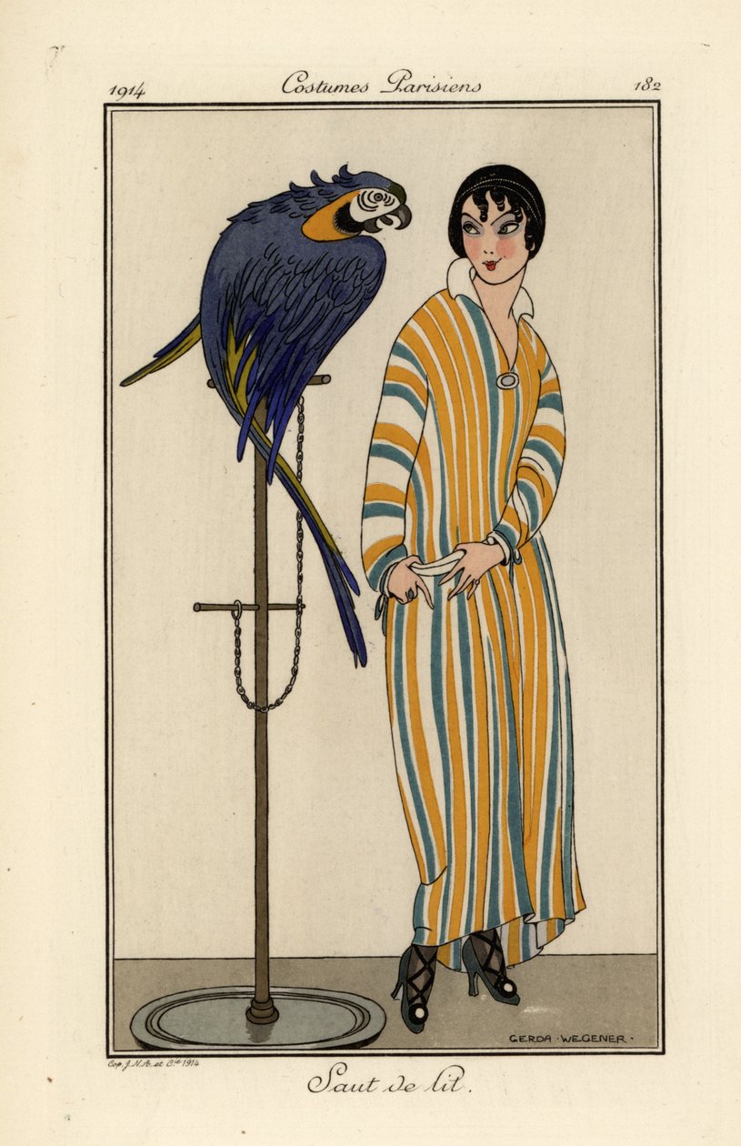 Mulher de camisa de noite às riscas com papagaio de estimação de Gerda Marie Frederike Wegener