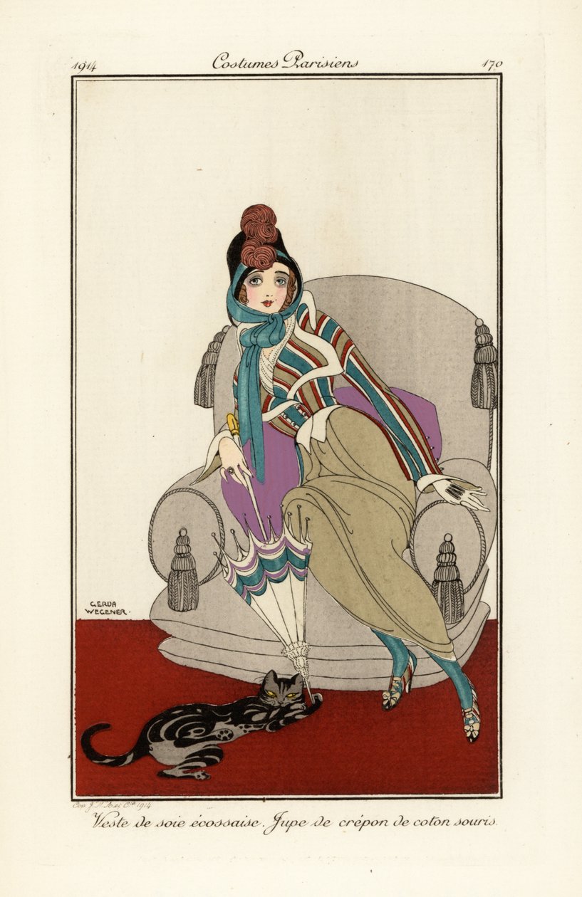 Mulher com colete de seda escocês, saia de algodão crepado. de Gerda Marie Frederike Wegener