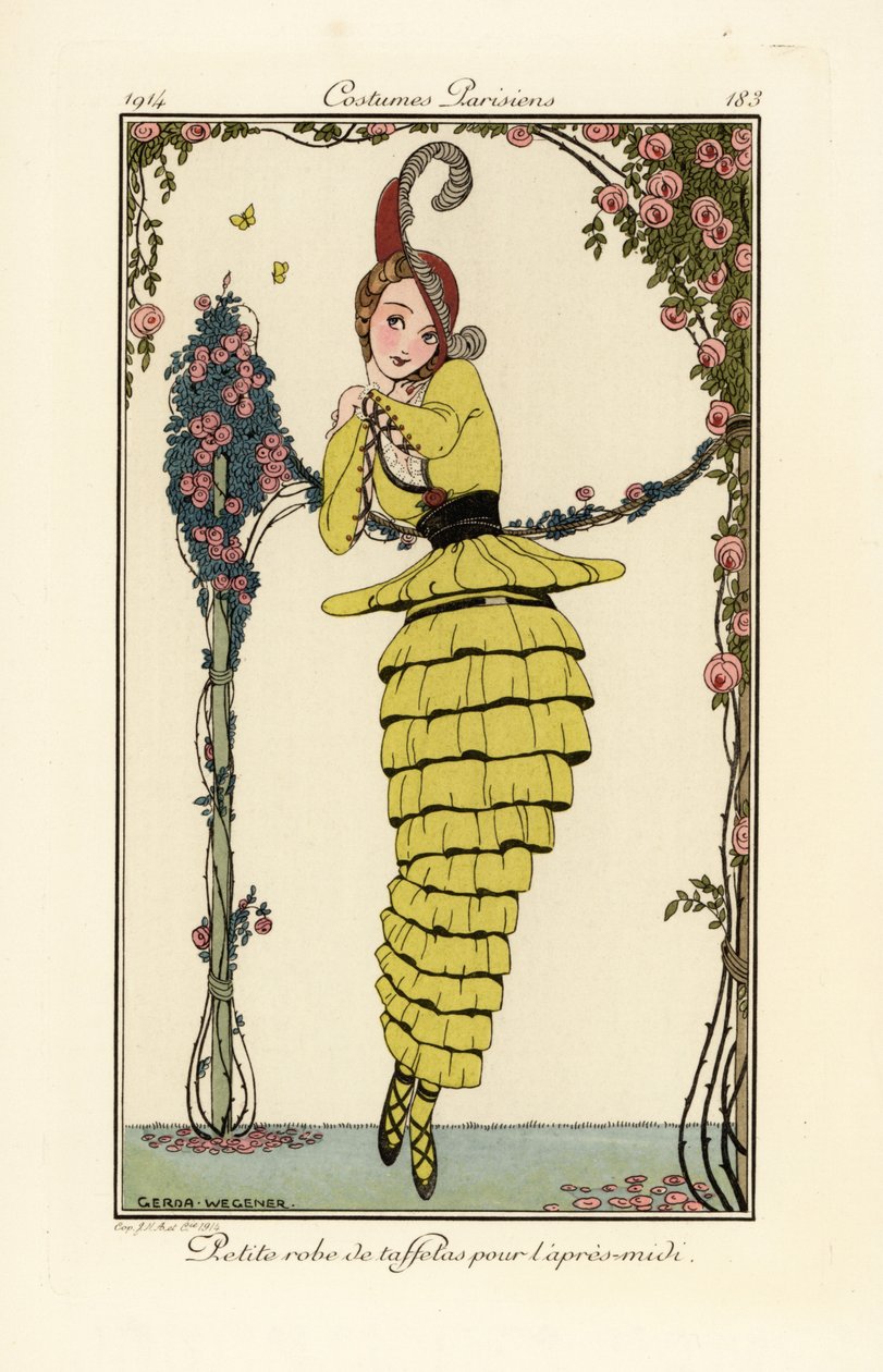 Mulher com vestido de tarde de tafetá amarelo. de Gerda Marie Frederike Wegener