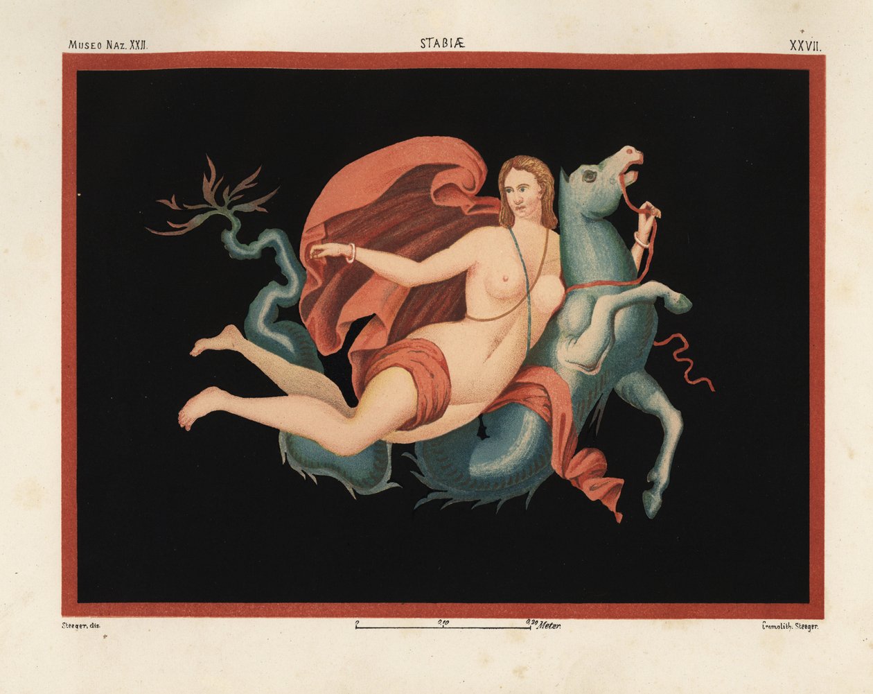 Uma nereida (ninfa do mar) com manto e braceletes montada num monstro marinho ou hipocampo, metade cavalo e metade peixe. Museo Naz. XXII, Stabiae. Desenhado e cromolitografado por Victor Steeger a partir de Emile Presuhn (1844-1878) As Mais Belas Pinturas de Geremia Discanno