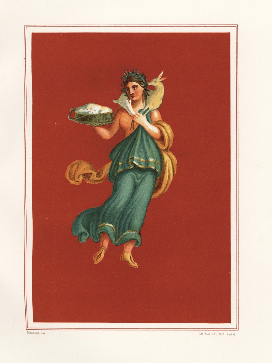 Pintura mural alegórica da primavera do lado oeste do átrio do Regio IX.V.11. Segura um cesto de queijo e carrega um cordeiro aos ombros. Cromolitografia de J.G. Bach a partir de uma ilustração de Geremia Discanno de Emile Presuhn (1844-1878) de Geremia Discanno