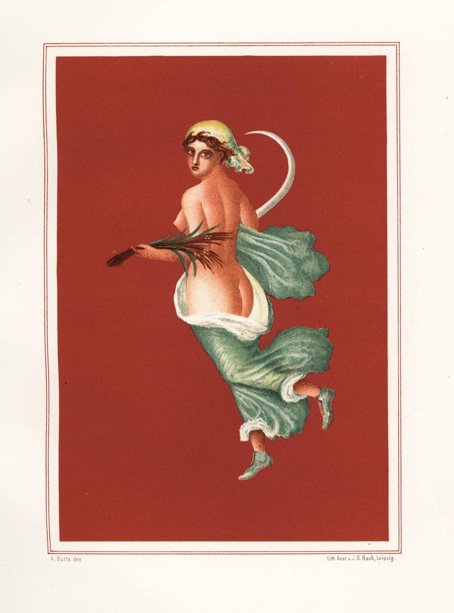 Pintura mural alegórica de verão do leste do átrio do Regio IX.V.11. A mulher transporta uma foice e trigo. Cromolitografia de Victor Steeger a partir de uma ilustração de Geremia Discanno de Emile Presuhn (1844-1878) As Mais Belas Pinturas de Po de Geremia Discanno