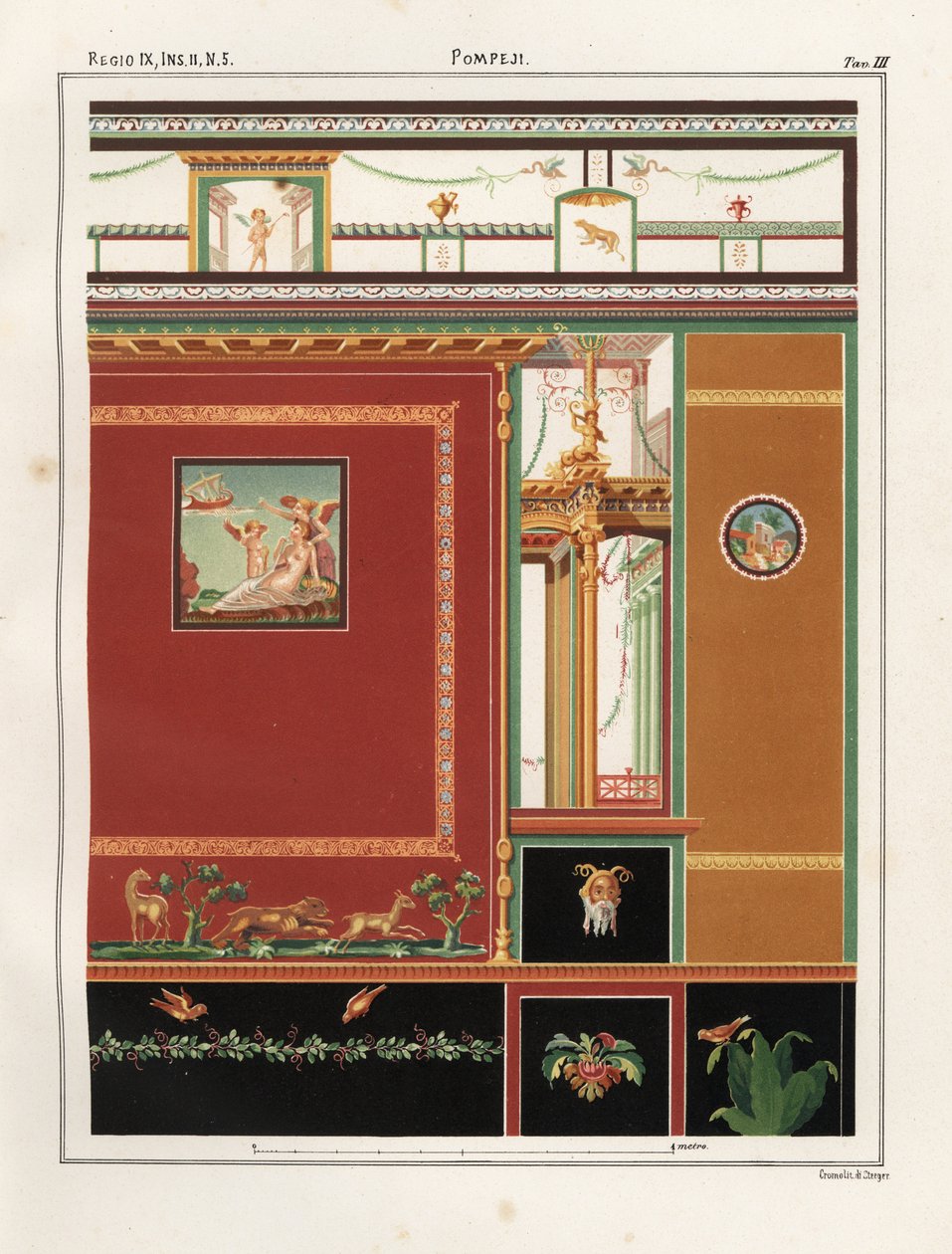Ariadne vê o barco de Teseu partir da ilha de Naxos. Mural de um triclínio numa loja/habitação em Regio IX.II.5, Pompeia. Cromolitografia de Victor Steeger a partir de uma ilustração de Geremia Discanno de Emile Presuhn (1844-1878) The Most Beau de Geremia Discanno