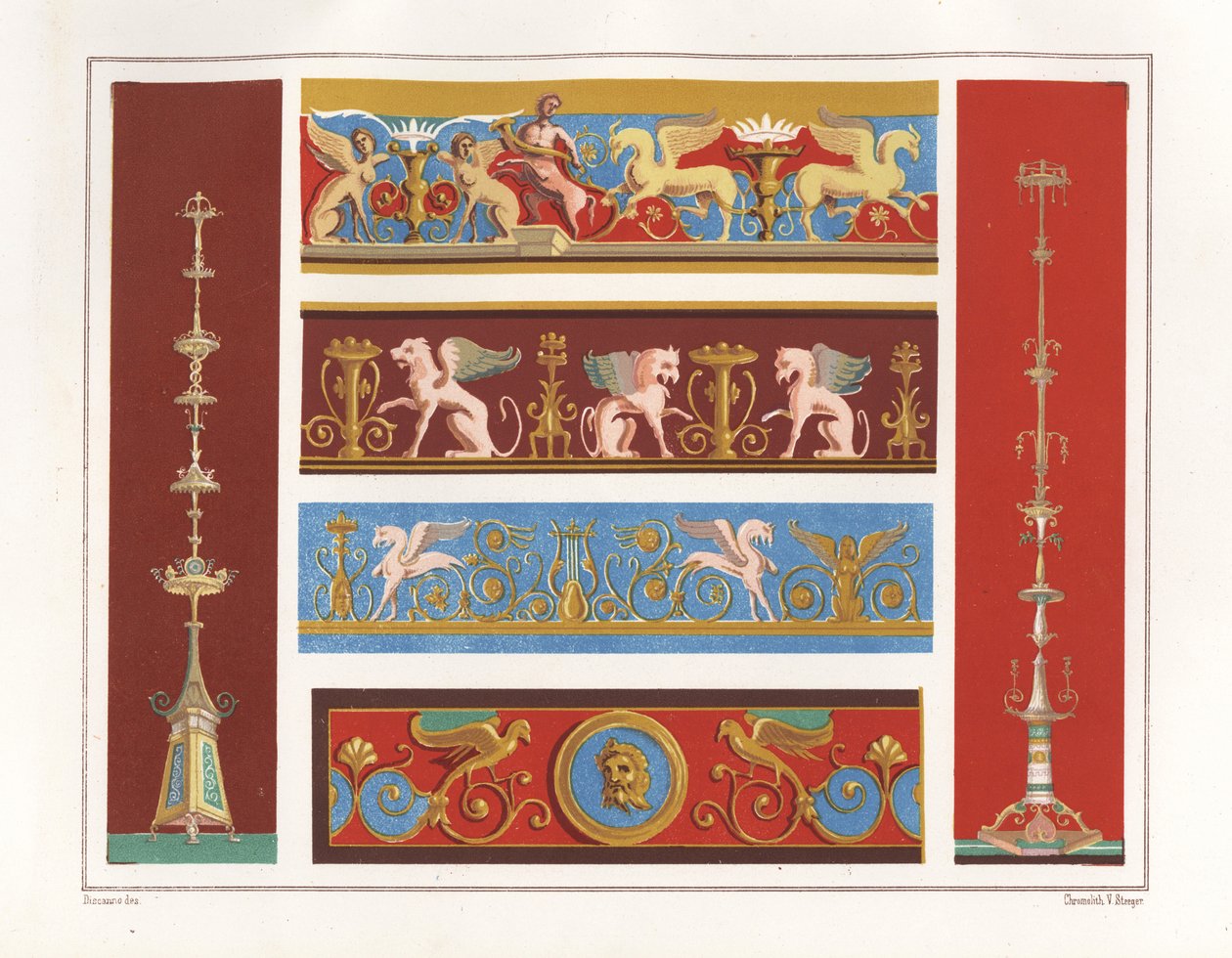Candelabro (à esquerda) da Casa del Panettiere ou Casa do Padeiro, VII.III.30, candelabro (à direita) e friso (em cima) da Casa de Caecilius Iucundus, V.I.26, arabescos com grifos da Casa dei Dioscuri ou Casa de Castor e Pólux, VI.IX.6, e orna de Geremia Discanno