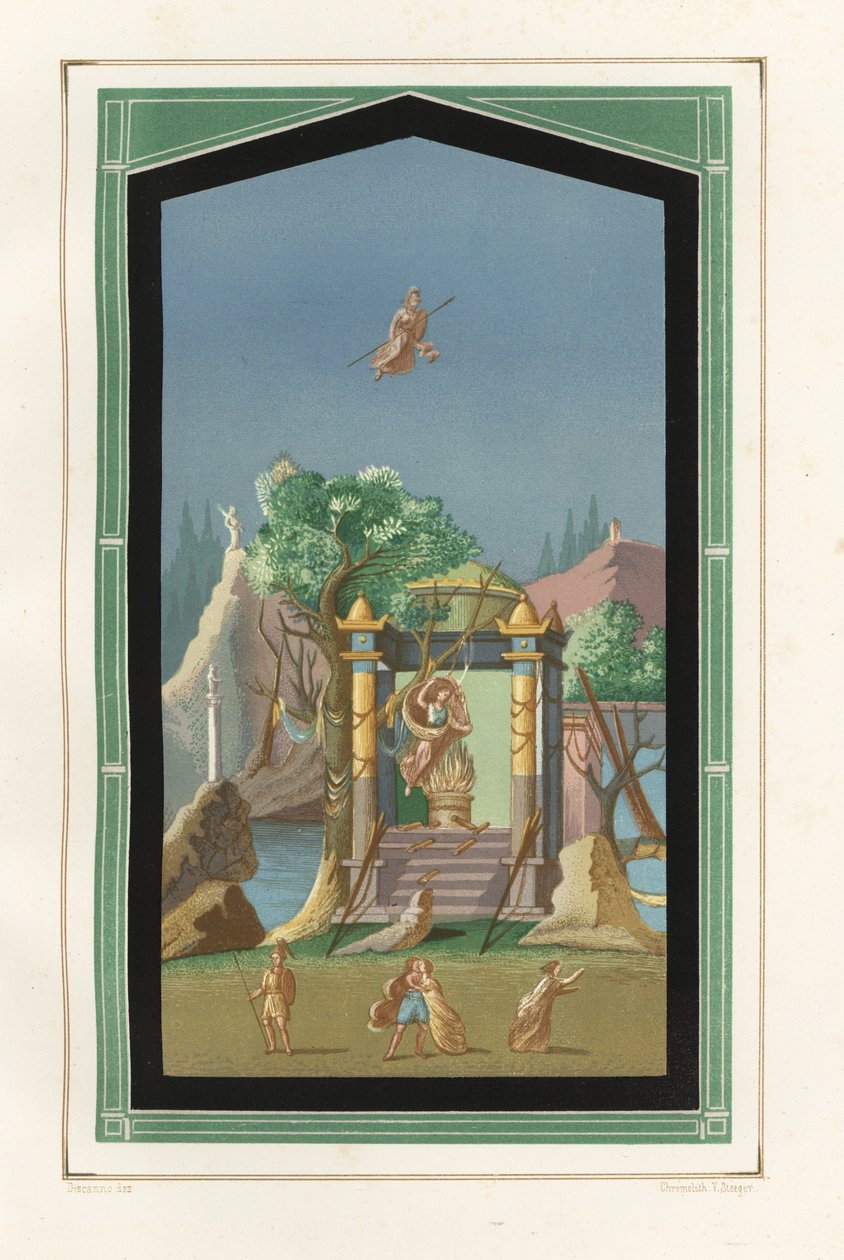 Pintura de uma paisagem da Exedra da Casa de Vesónio Primus, um fuller. Cromolitografia de Victor Steeger a partir de uma ilustração de Geremia Discanno de Emile Presuhn (1844-1878) As Mais Belas Pinturas de Pompeia, Leipzig de Geremia Discanno