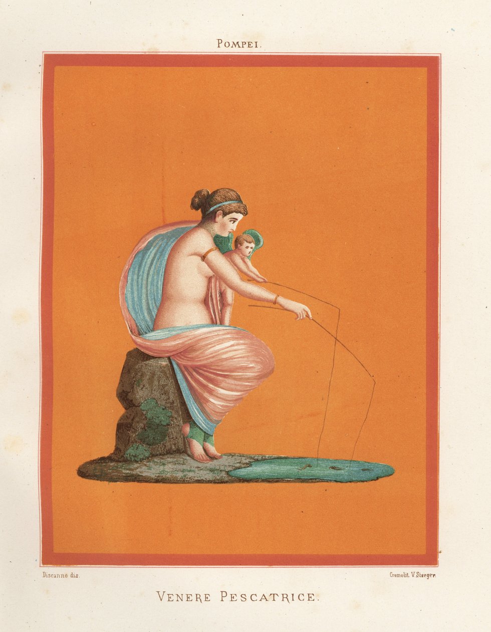 Mural de Vénus e cupido a pescar com canas de um lago. Encontrado em Regio V.V.3, a Casa dos Gladiadores. Cromolitografia de Victor Steeger a partir de uma ilustração de Geremia Discanno de Emile Presuhn (1844-1878) As Mais Belas Pinturas de Pompeia, de Geremia Discanno