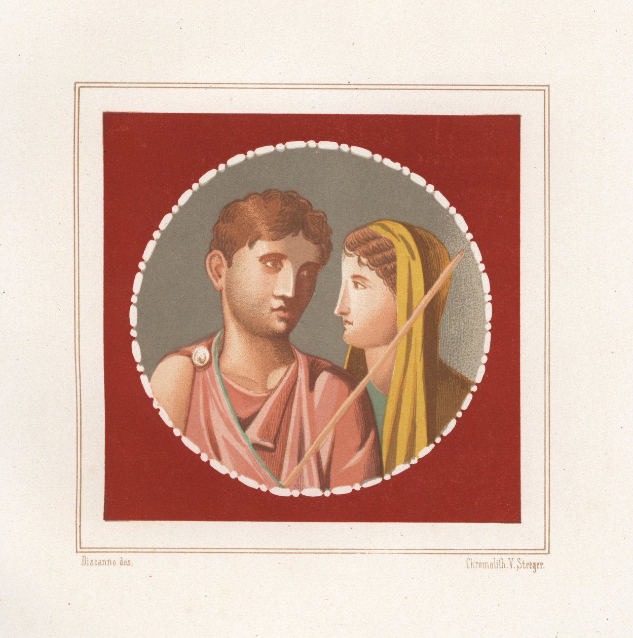 Retrato de um homem e de uma mulher de uma casa não identificada em Pompeia. Cromolitografia de Victor Steeger a partir de uma ilustração de Geremia Discanno de Emile Presuhn (1844-1878) As Mais Belas Pinturas de Pompeia, Leipzig de Geremia Discanno