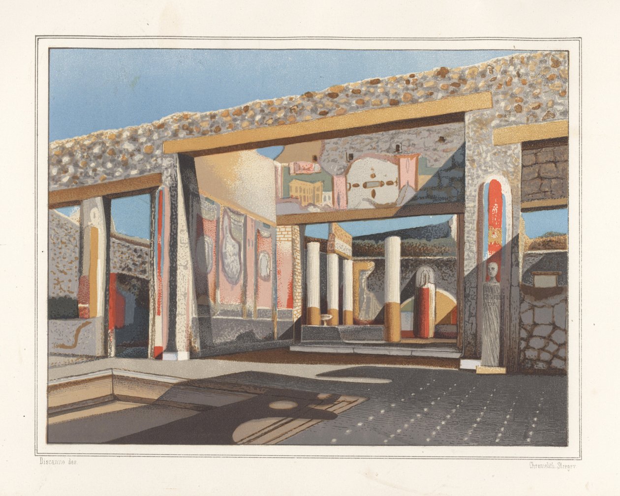 Vista do tablinum, uma sala fora do átrio, na casa do banqueiro Lucius Caecilis Iucundus, Reg V, Ins 1, 26. Cromolitografia de Victor Steeger a partir de uma ilustração de Geremia Discanno de Emile Presuhn (1844-1878) As Mais Belas Pinturas de de Geremia Discanno