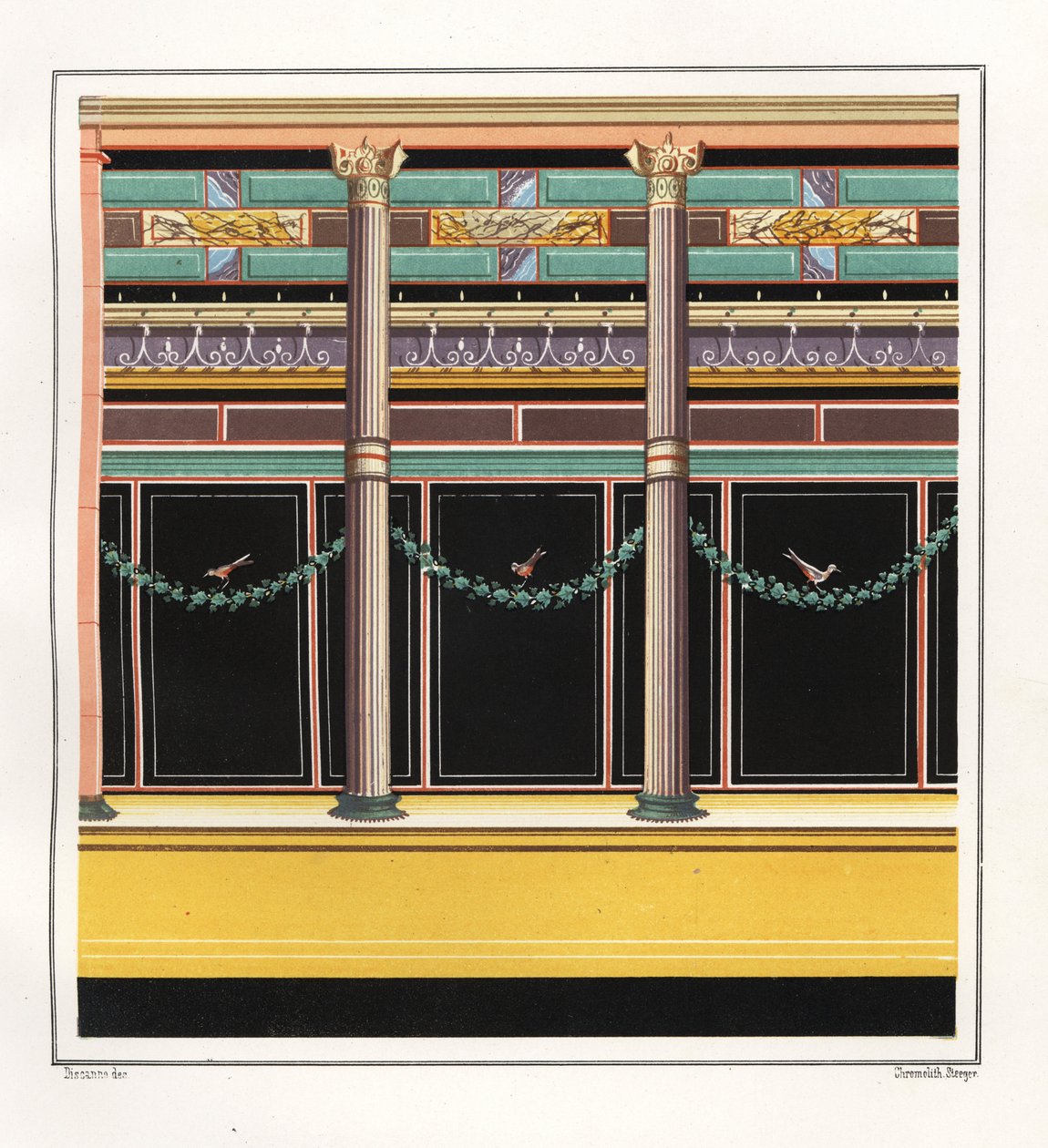 Pintura mural de uma sala da Casa dos Epigramas. V, Ins. 1, No. 18. Cromolitografia de Victor Steeger a partir de uma ilustração de Geremia Discanno de Emile Presuhn (1844-1878) As Mais Belas Pinturas de Pompeia, Leipzig de Geremia Discanno