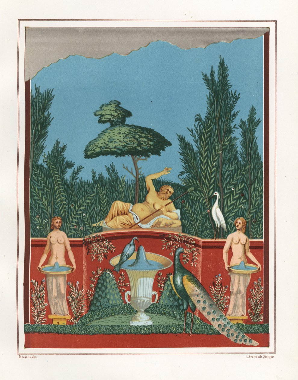 Pintura mural de Baco com pavões e fontes de um muro de jardim da Casa de Rómulo e Remo, VII.VII.10. Cromolitografia de Victor Steeger a partir de uma ilustração de Geremia Discanno de Emile Presuhn (1844-1878) As Mais Belas Pinturas de Geremia Discanno