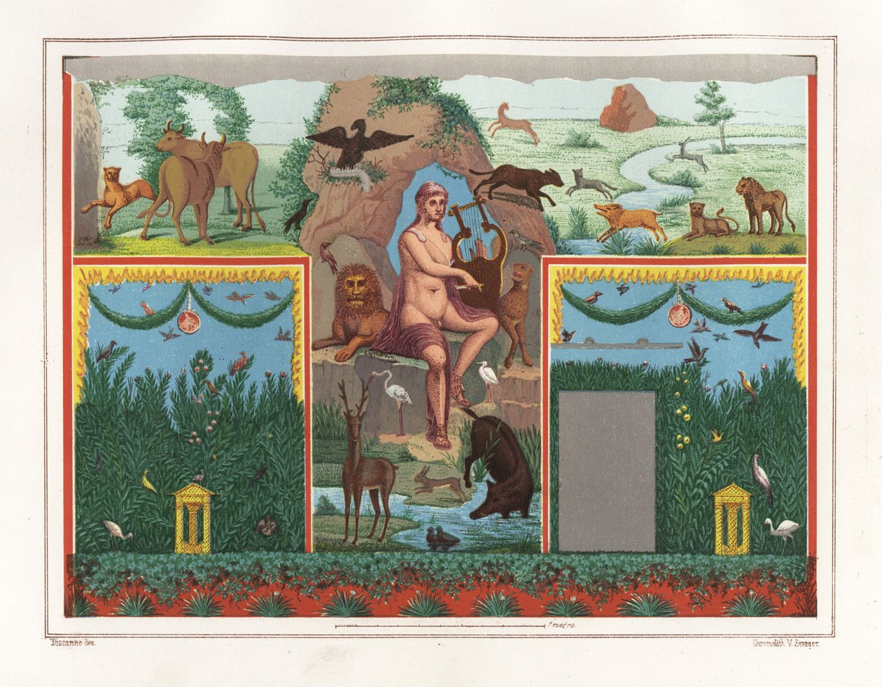 Pintura mural de Orfeu com lira do viridarium (jardim) da casa de Vesonius Primus, um fuller. Está rodeado de animais, incluindo um leão, um puma, um javali, um veado, um coelho e um flamingo azul. Cromolitografia de Victor Steeger a partir de uma ilustraç de Geremia Discanno