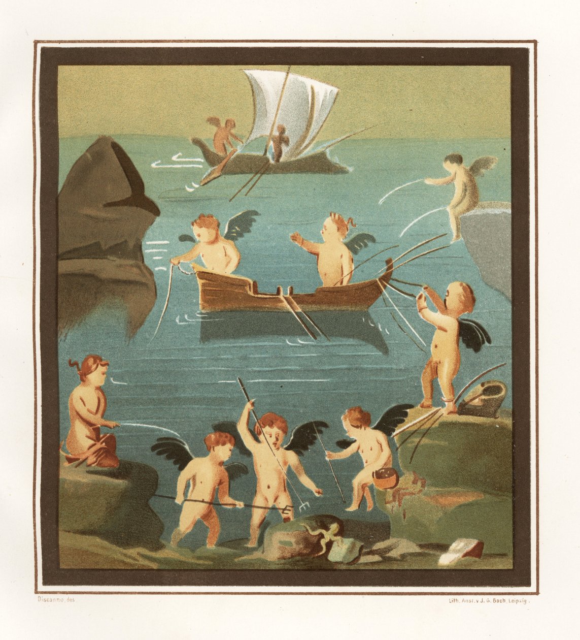 Pintura mural de cupidos a brincar, a pescar, a navegar de um cubículo da Casa do Restaurante (Casa di Lupanare Piccolo), 14, Regio IX, Insula V. Cromolitografia de J.G. Bach a partir de uma ilustração de Geremia Discanno de Emile Presuhn (1844-1878) T de Geremia Discanno
