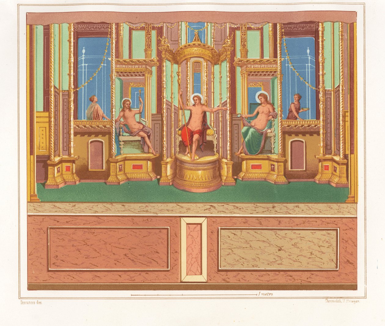 Pintura mural que mostra Baco, Vénus e Apolo a partir de uma área sentada isolada num canto de um jardim na Domus M. Herenulli Communis ou Casa de Apolo, Reg. VI, Ins. VII, n.º 23. Cromolitografia de Victor Steeger a partir de uma ilustração de Geremia Dis de Geremia Discanno