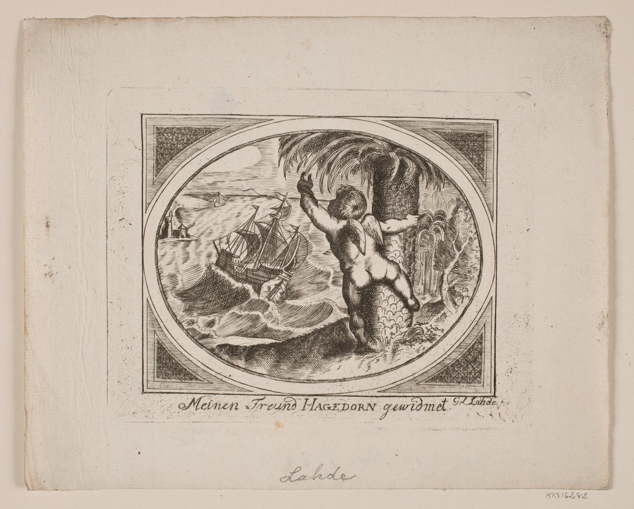 Cupido por uma palmeira, apontando para além de um mar revolto. de Gerhard Ludvig Lahde