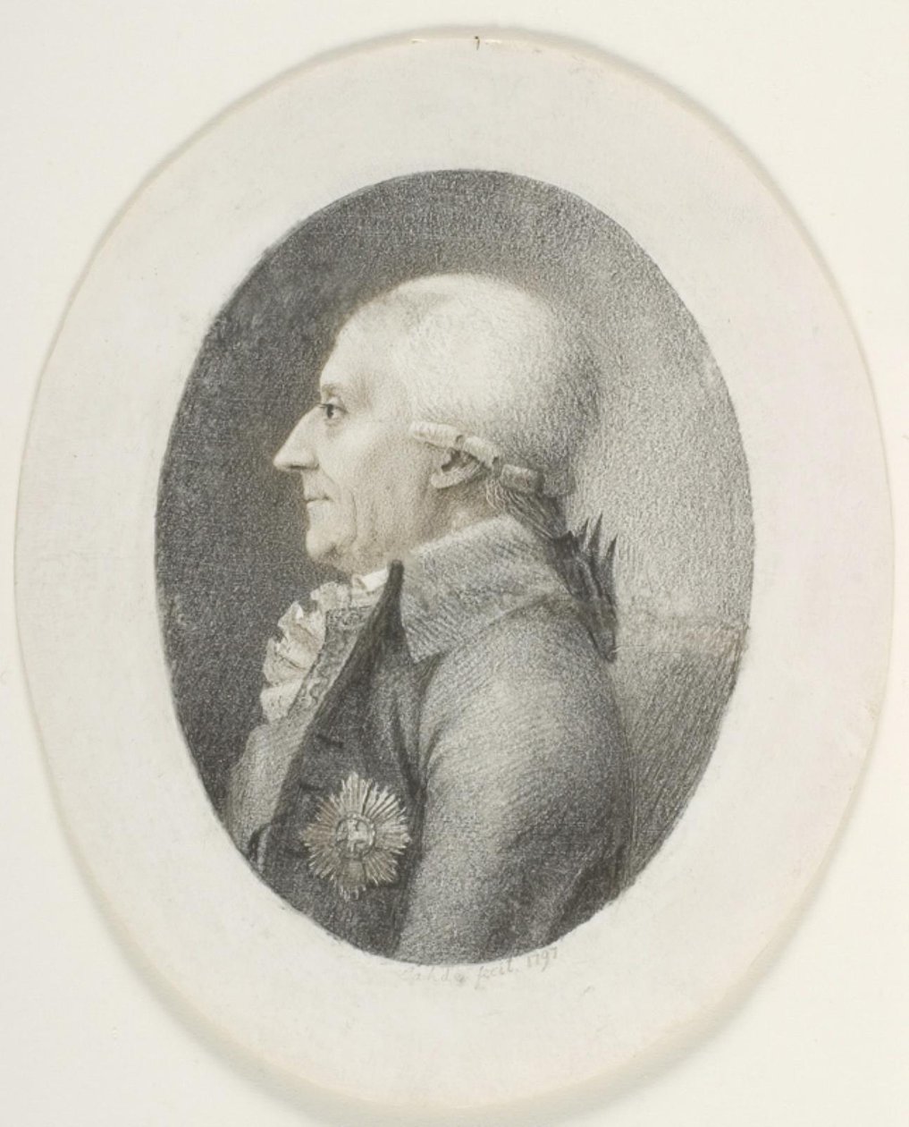 Retrato de A. P. Bernstorff, Conde, Primeiro Ministro (1735-1797). Imagem do busto. Perfil à esquerda de Gerhard Ludvig Lahde
