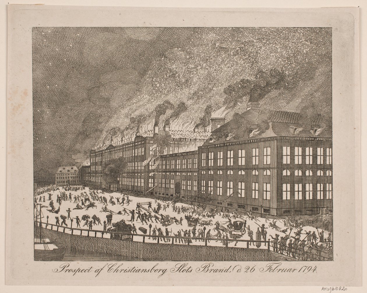 Prospecto do incêndio do Castelo de Christiansborg em 26 de fevereiro de 1794 de Gerhard Ludvig Lahde