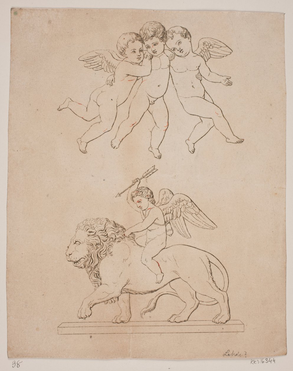 Painel com três cupidos e abaixo do cupido em um leão de Gerhard Ludvig Lahde